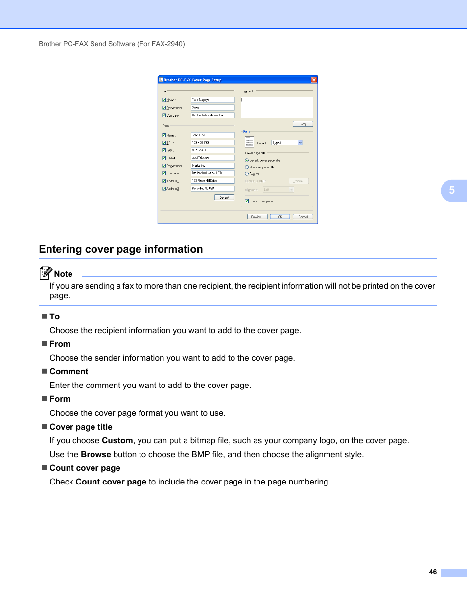 Entering cover page information | Brother FAX-2840 User Manual | Page 51 / 86