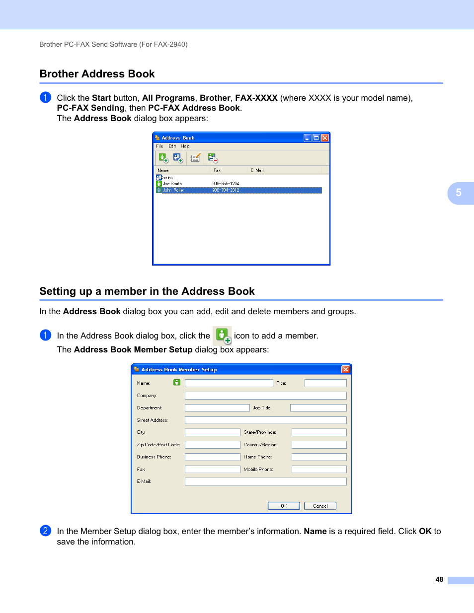 Brother address book, Setting up a member in the address book, 5brother address book | Brother FAX-2840 User Manual | Page 53 / 86