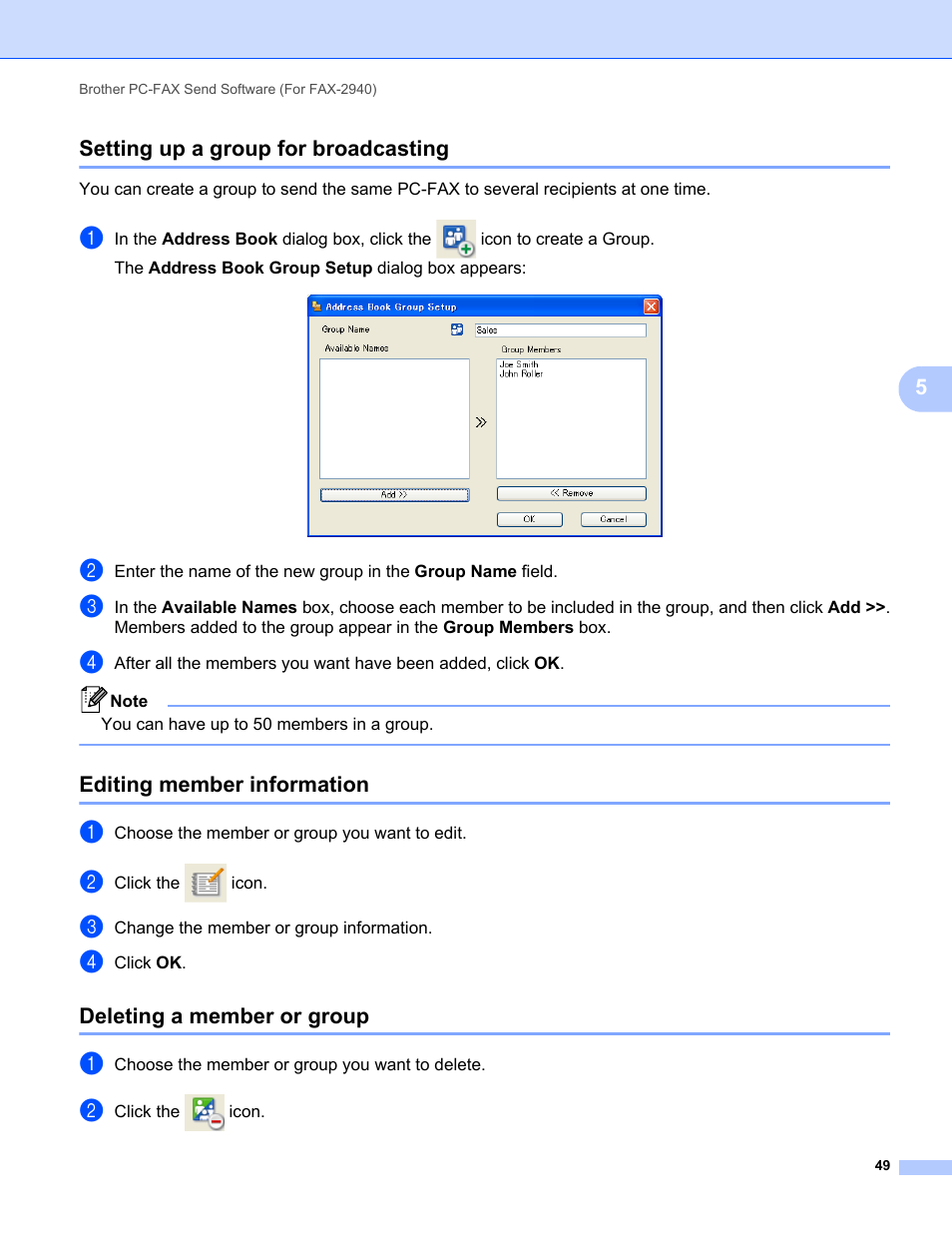 Setting up a group for broadcasting, Editing member information, Deleting a member or group | 5setting up a group for broadcasting | Brother FAX-2840 User Manual | Page 54 / 86