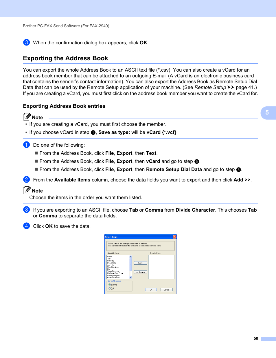 Exporting the address book, Exporting address book entries | Brother FAX-2840 User Manual | Page 55 / 86