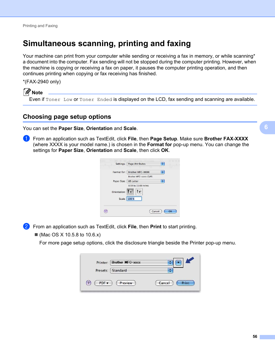 Simultaneous scanning, printing and faxing, Choosing page setup options | Brother FAX-2840 User Manual | Page 61 / 86