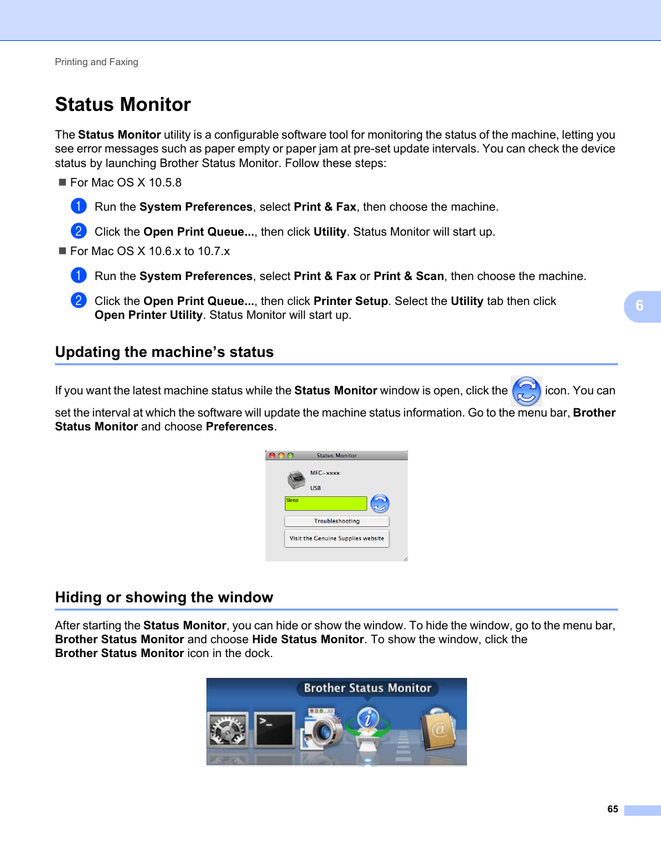 Status monitor, Updating the machine’s status, Hiding or showing the window | Brother FAX-2840 User Manual | Page 70 / 86