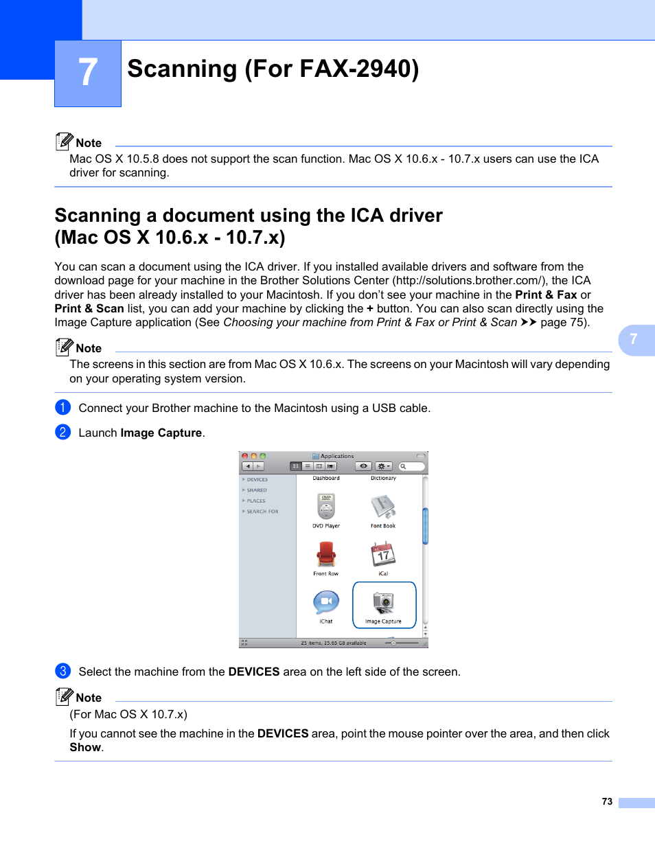 7 scanning (for fax-2940), Scanning (for fax-2940), Scanning a document using the ica driver | Mac os x 10.6.x - 10.7.x) | Brother FAX-2840 User Manual | Page 78 / 86