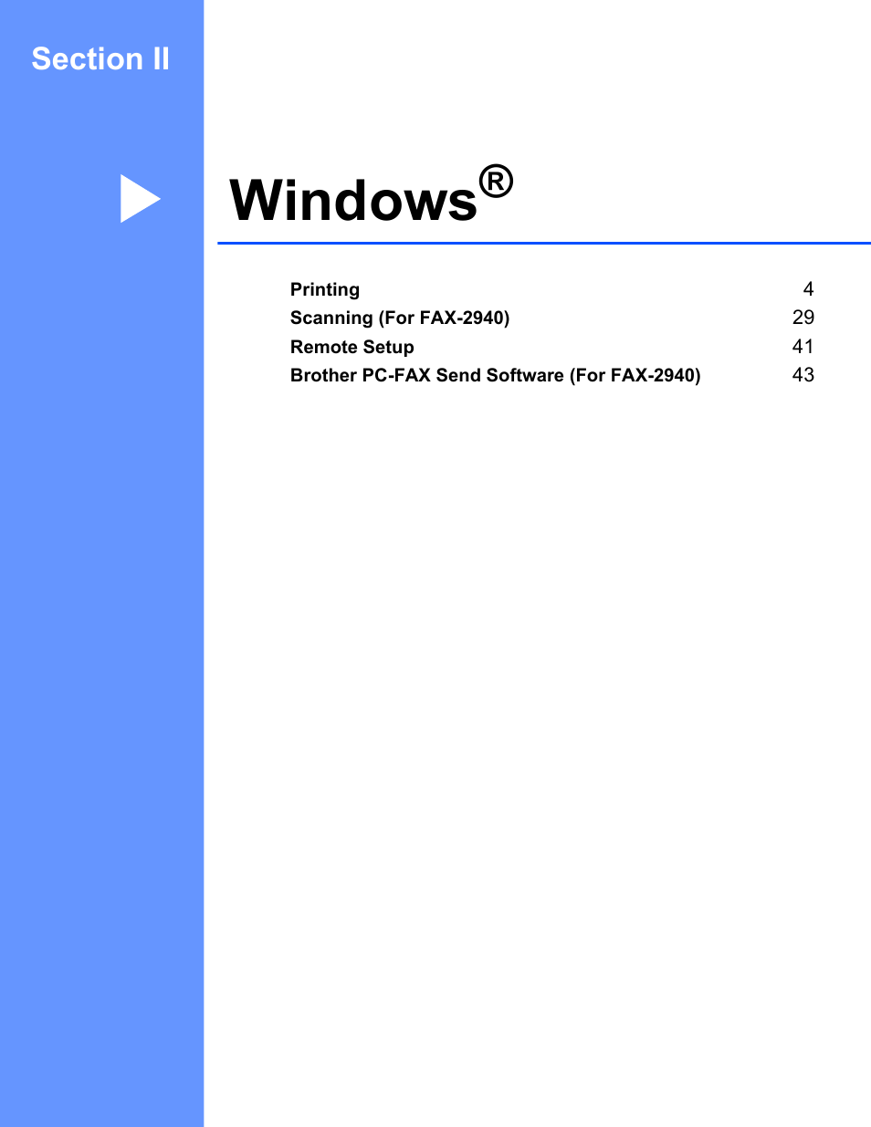 Section ii: windows, Section ii windows, Windows | Brother FAX-2840 User Manual | Page 8 / 86