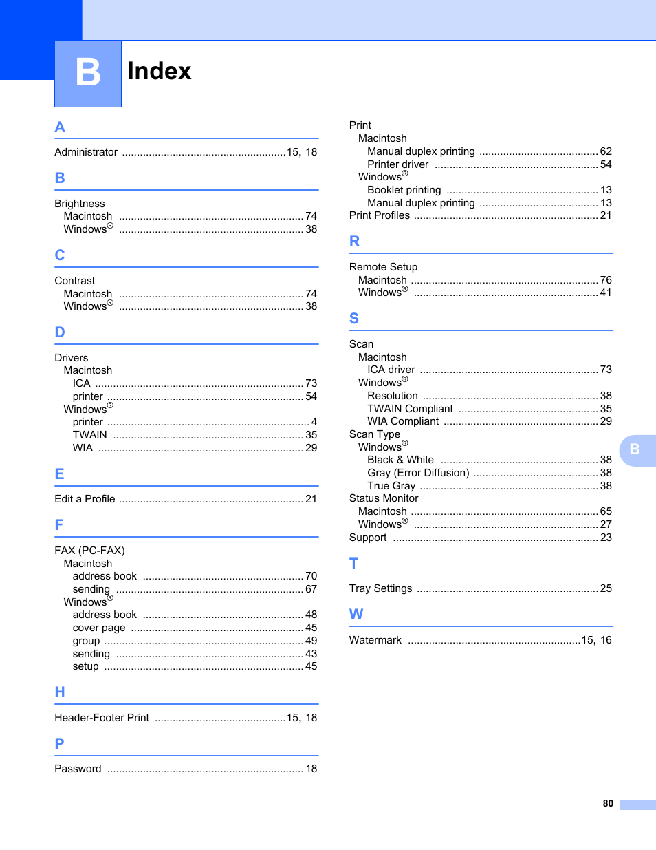 Index | Brother FAX-2840 User Manual | Page 85 / 86