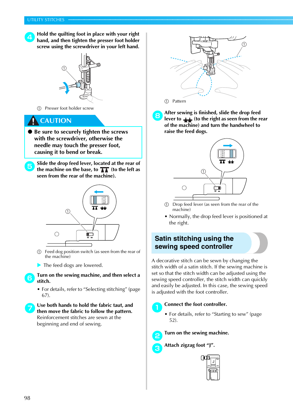 Caution, Satin stitching using the sewing speed controller | Brother Innov-is 85e User Manual | Page 100 / 152