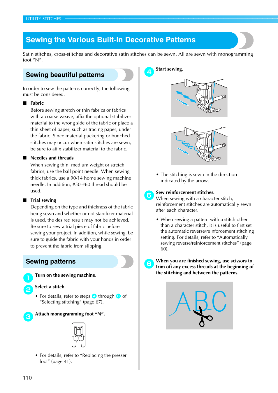 Sewing the various built-in decorative patterns, Sewing beautiful patterns, Sewing patterns | Brother Innov-is 85e User Manual | Page 112 / 152