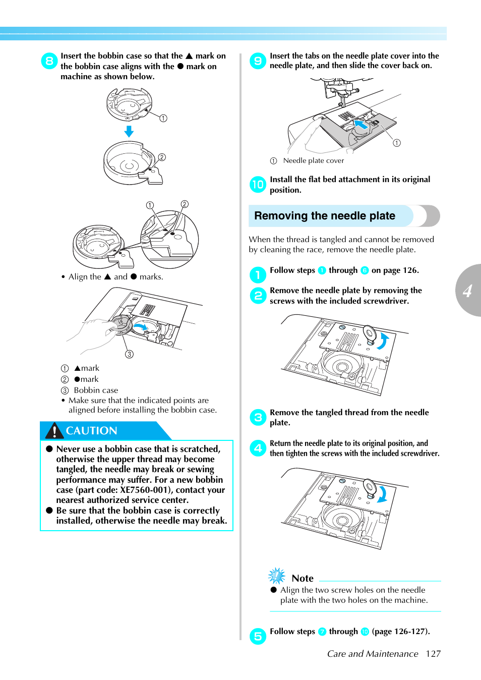 Caution, Removing the needle plate | Brother Innov-is 85e User Manual | Page 129 / 152