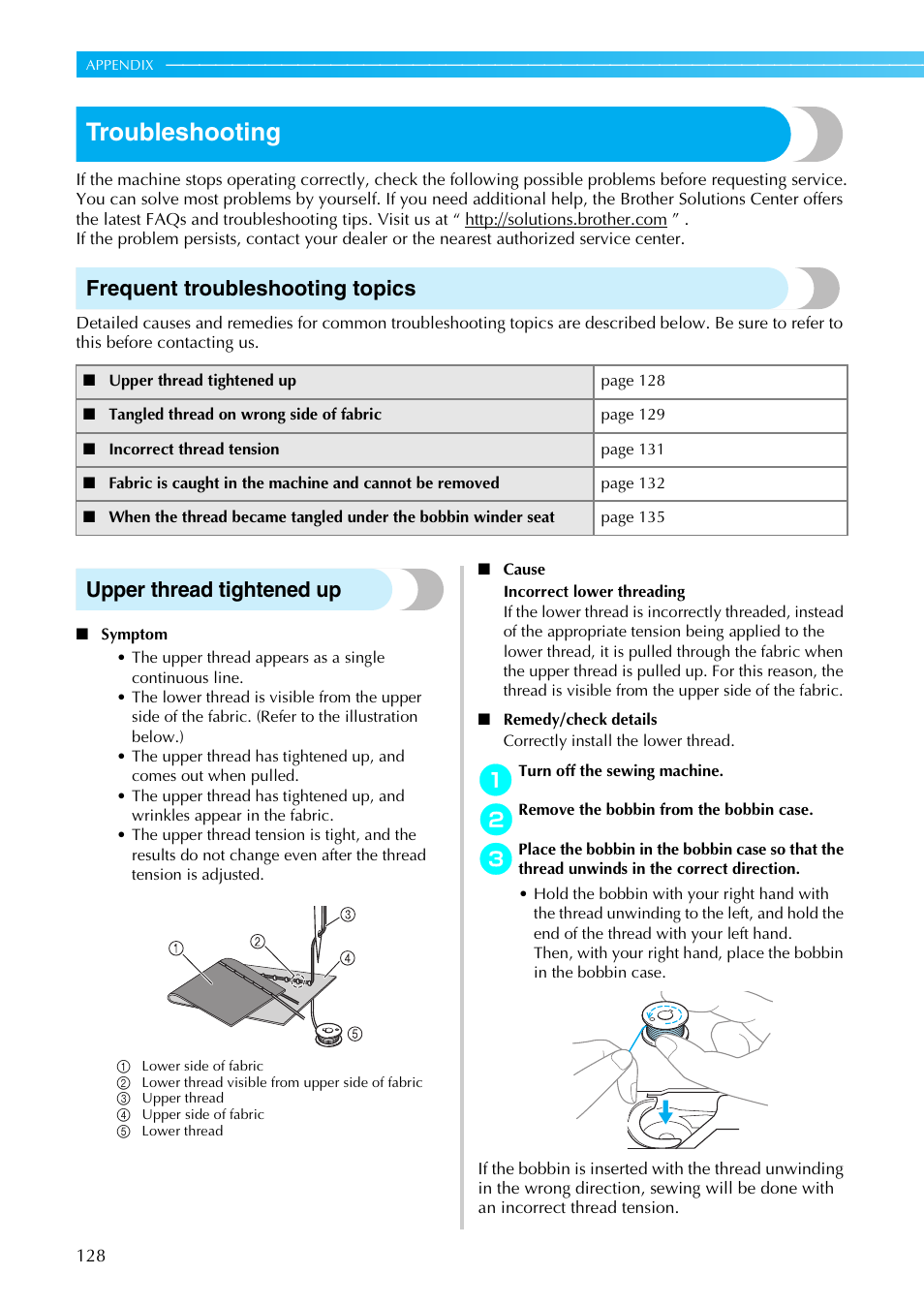Troubleshooting, Frequent troubleshooting topics, Upper thread tightened up | Brother Innov-is 85e User Manual | Page 130 / 152