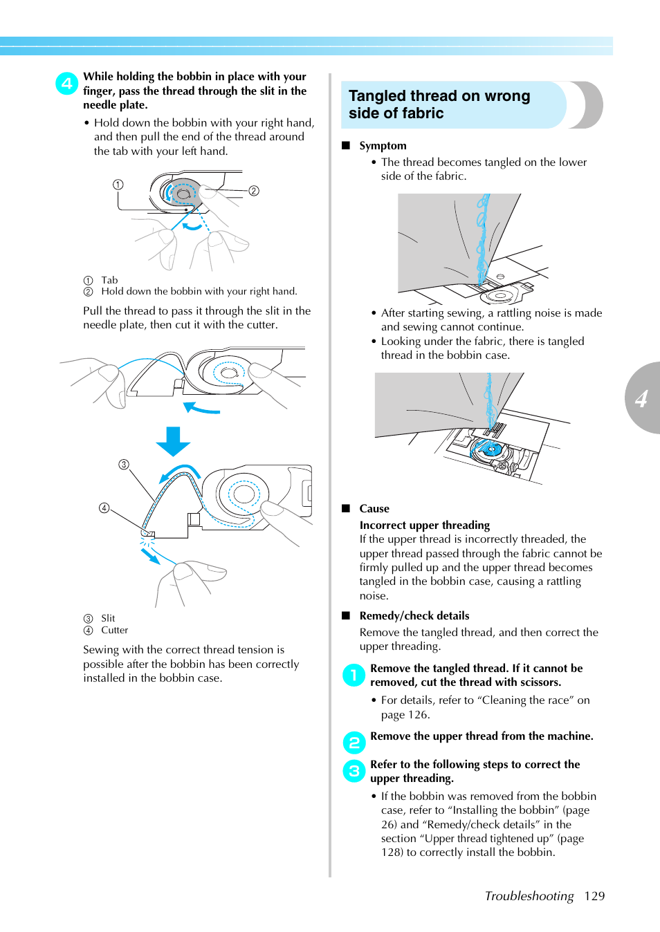 Tangled thread on wrong side of fabric | Brother Innov-is 85e User Manual | Page 131 / 152