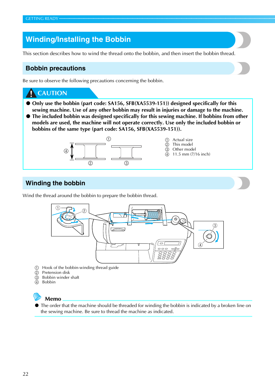 Winding/installing the bobbin, Bobbin precautions, Caution winding the bobbin | Brother Innov-is 85e User Manual | Page 24 / 152