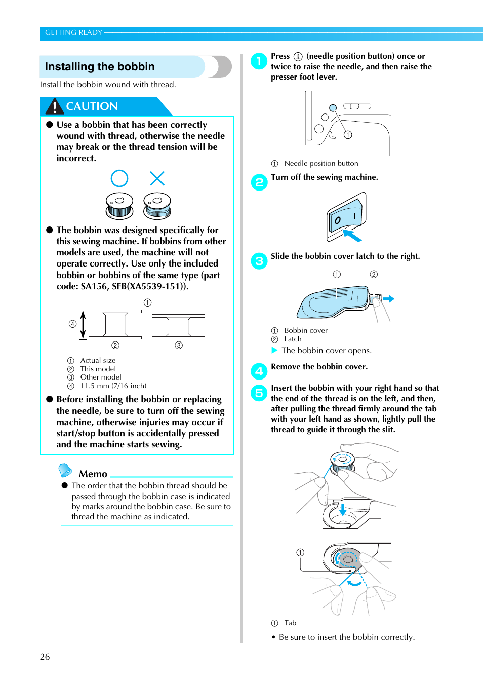 Installing the bobbin, Caution | Brother Innov-is 85e User Manual | Page 28 / 152
