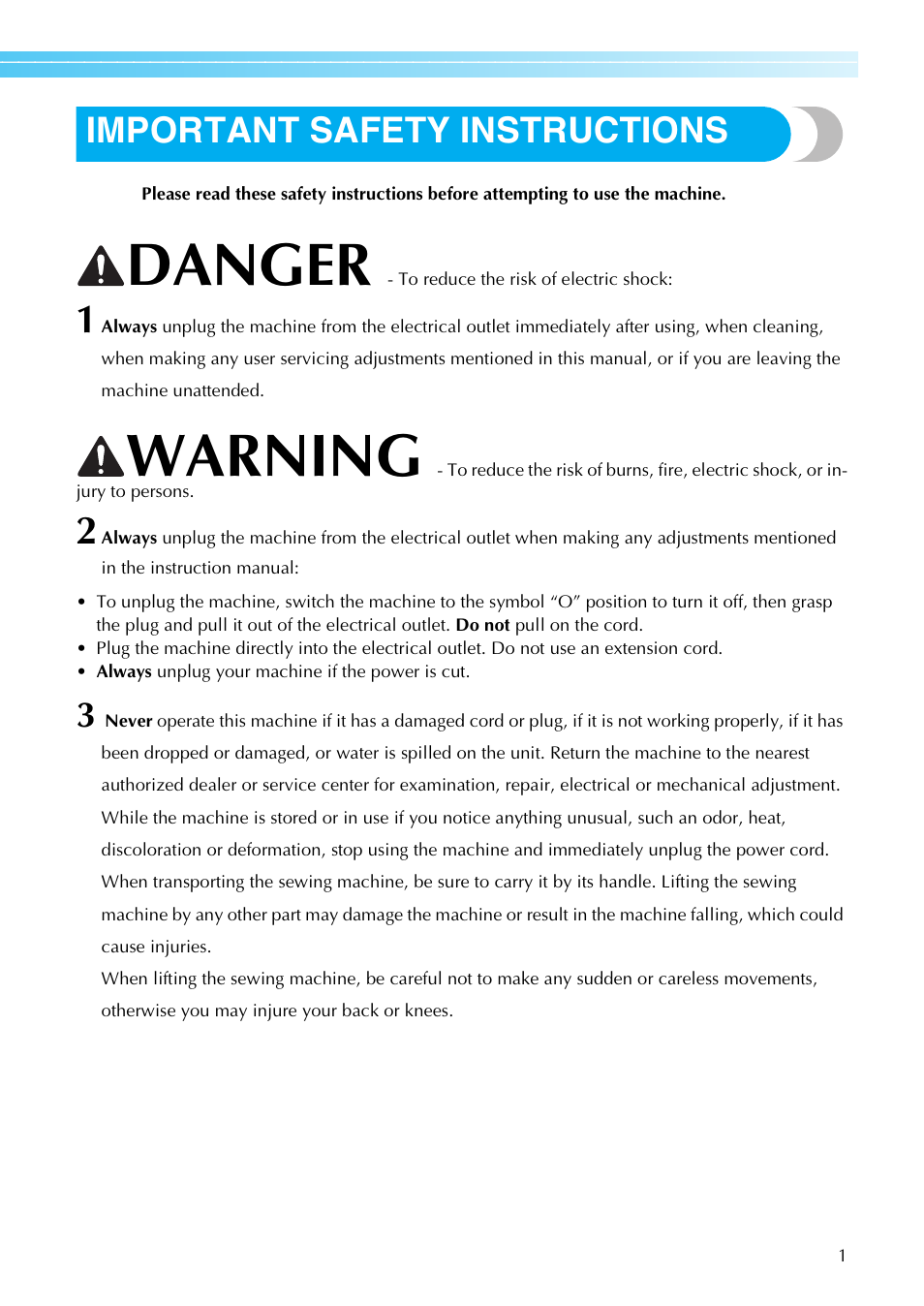 Danger, Warning, Important safety instructions | Brother Innov-is 85e User Manual | Page 3 / 152