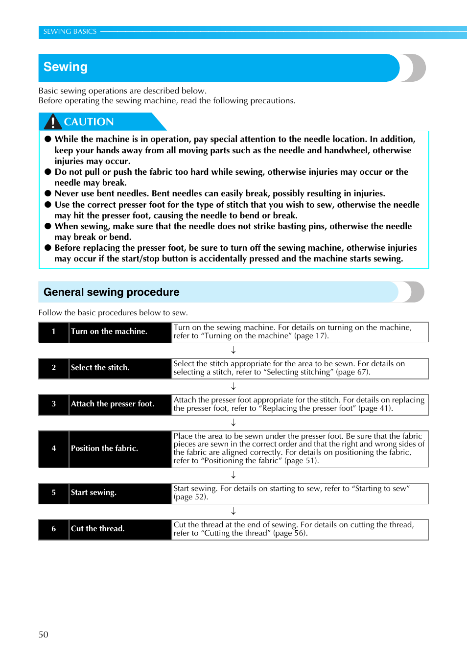 Sewing, Caution general sewing procedure | Brother Innov-is 85e User Manual | Page 52 / 152