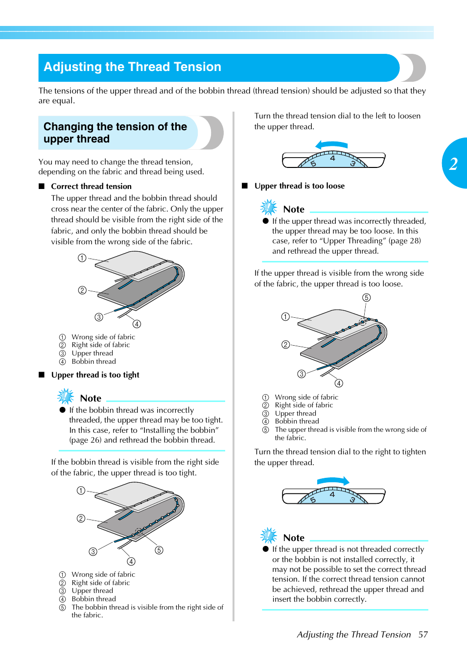 Adjusting the thread tension, Changing the tension of the upper thread | Brother Innov-is 85e User Manual | Page 59 / 152