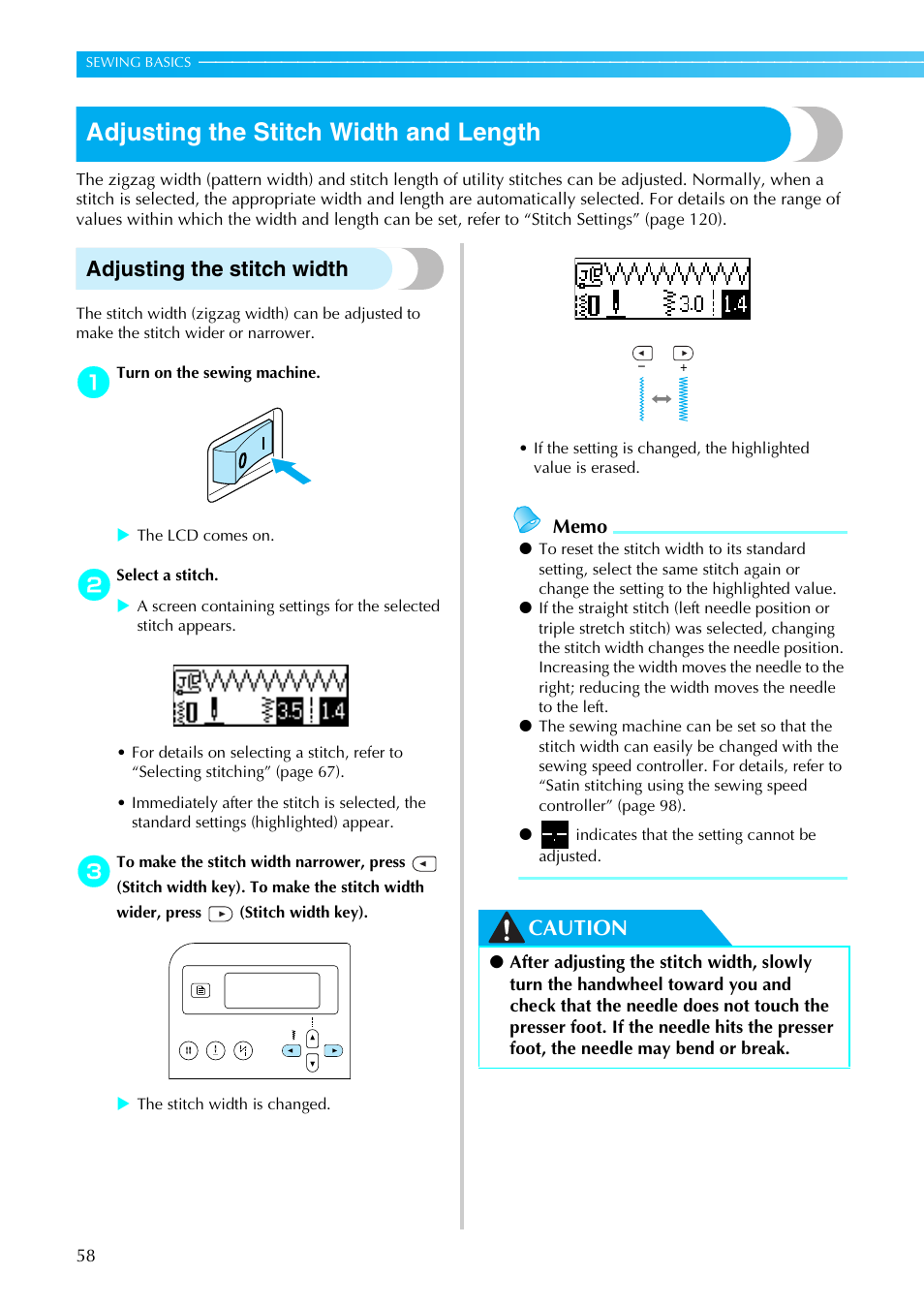 Adjusting the stitch width and length, Adjusting the stitch width, Caution | Brother Innov-is 85e User Manual | Page 60 / 152