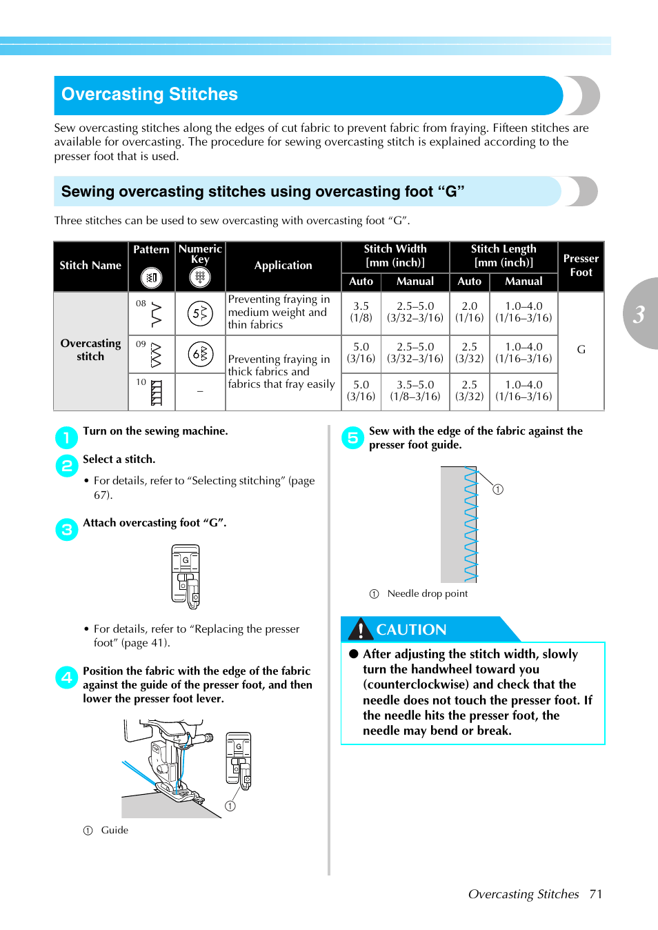 Overcasting stitches, Caution | Brother Innov-is 85e User Manual | Page 73 / 152