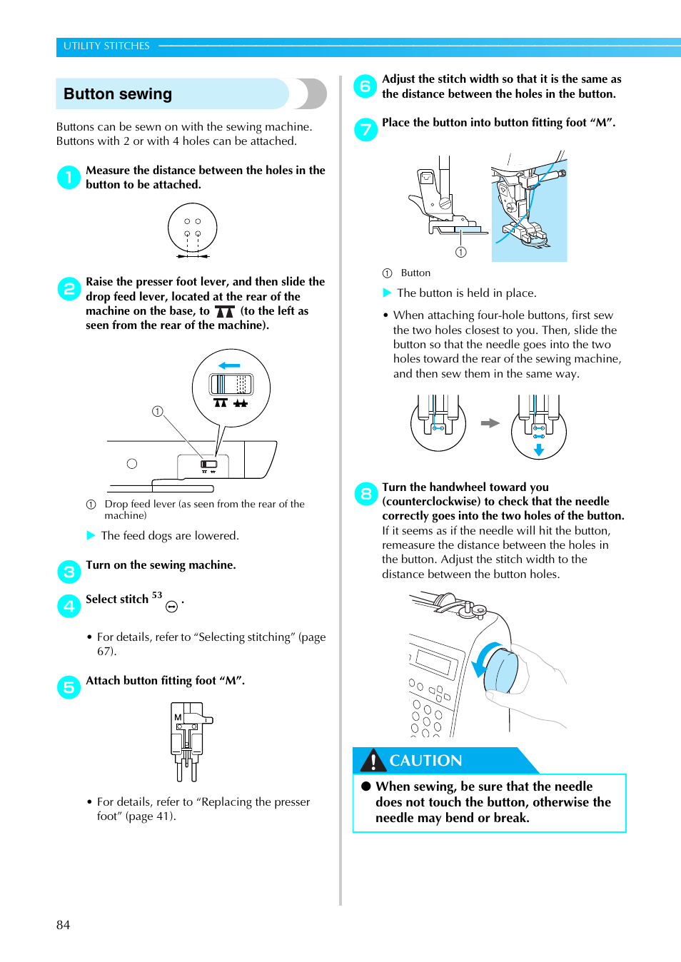 Button sewing, Caution | Brother Innov-is 85e User Manual | Page 86 / 152