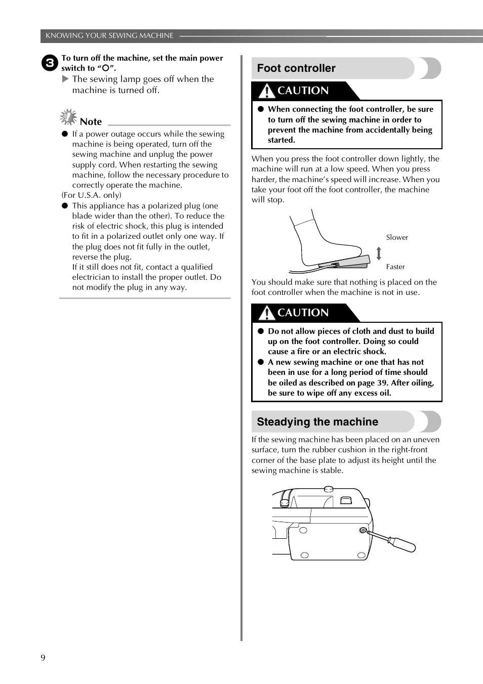 Foot controller, Steadying the machine, Caution | Brother LX-3125 User Manual | Page 10 / 96