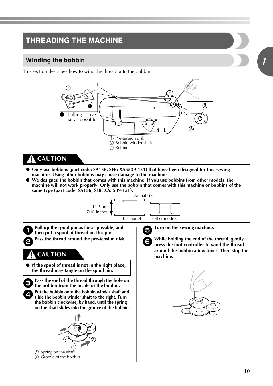 Threading the machine, Winding the bobbin, Caution | Brother LX-3125 User Manual | Page 11 / 96