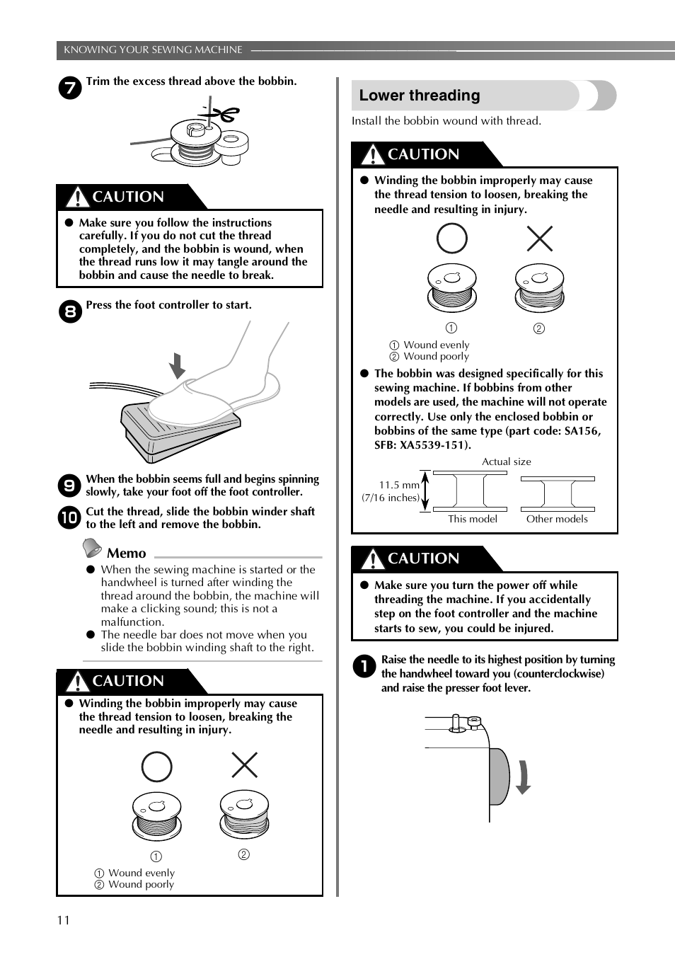 Lower threading, Caution | Brother LX-3125 User Manual | Page 12 / 96