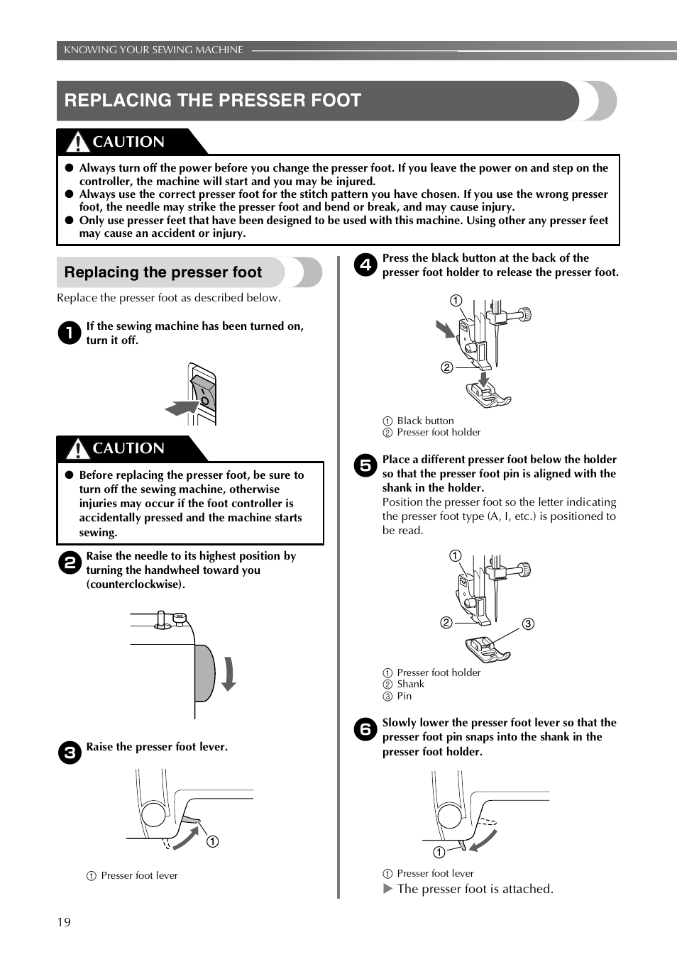 Replacing the presser foot, Caution | Brother LX-3125 User Manual | Page 20 / 96
