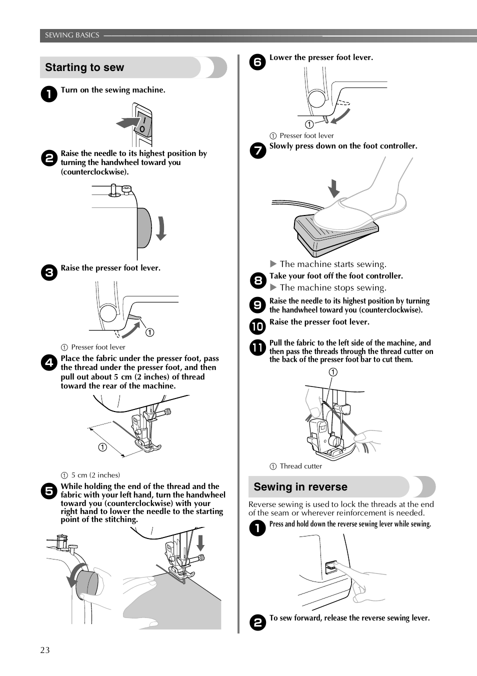 Starting to sew, Sewing in reverse | Brother LX-3125 User Manual | Page 24 / 96