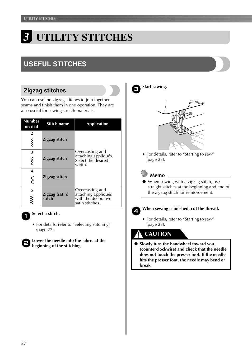 Utility stitches, Useful stitches, Zigzag stitches | Caution | Brother LX-3125 User Manual | Page 28 / 96