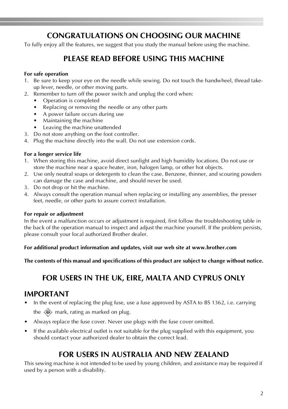 Please read before using this machine, For users in australia and new zealand | Brother LX-3125 User Manual | Page 3 / 96