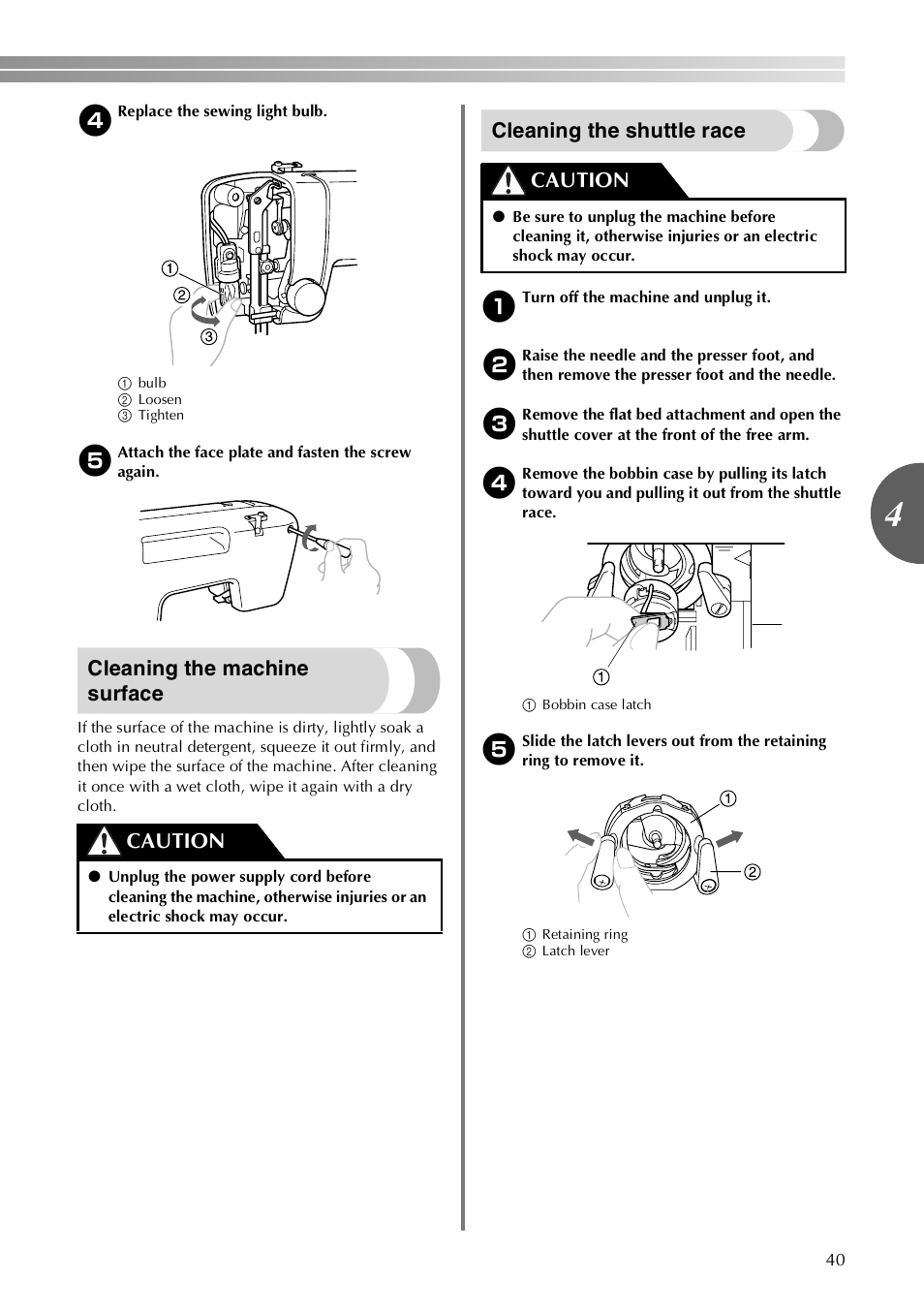 Cleaning the machine surface, Cleaning the shuttle race, Caution | Brother LX-3125 User Manual | Page 41 / 96