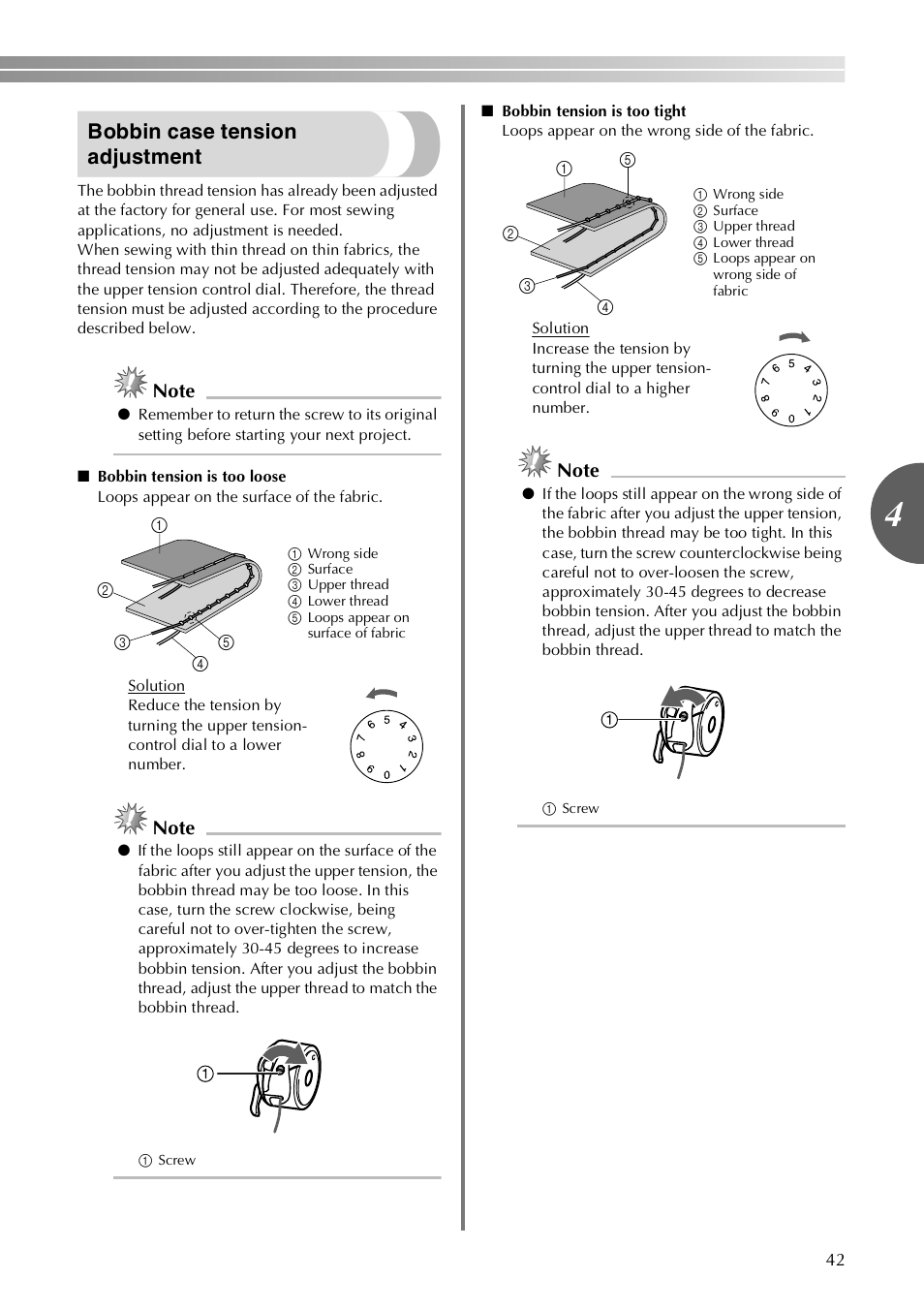 Bobbin case tension adjustment | Brother LX-3125 User Manual | Page 43 / 96