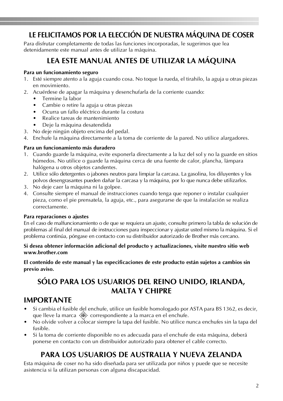 Lea este manual antes de utilizar la máquina, Para los usuarios de australia y nueva zelanda | Brother LX-3125 User Manual | Page 51 / 96