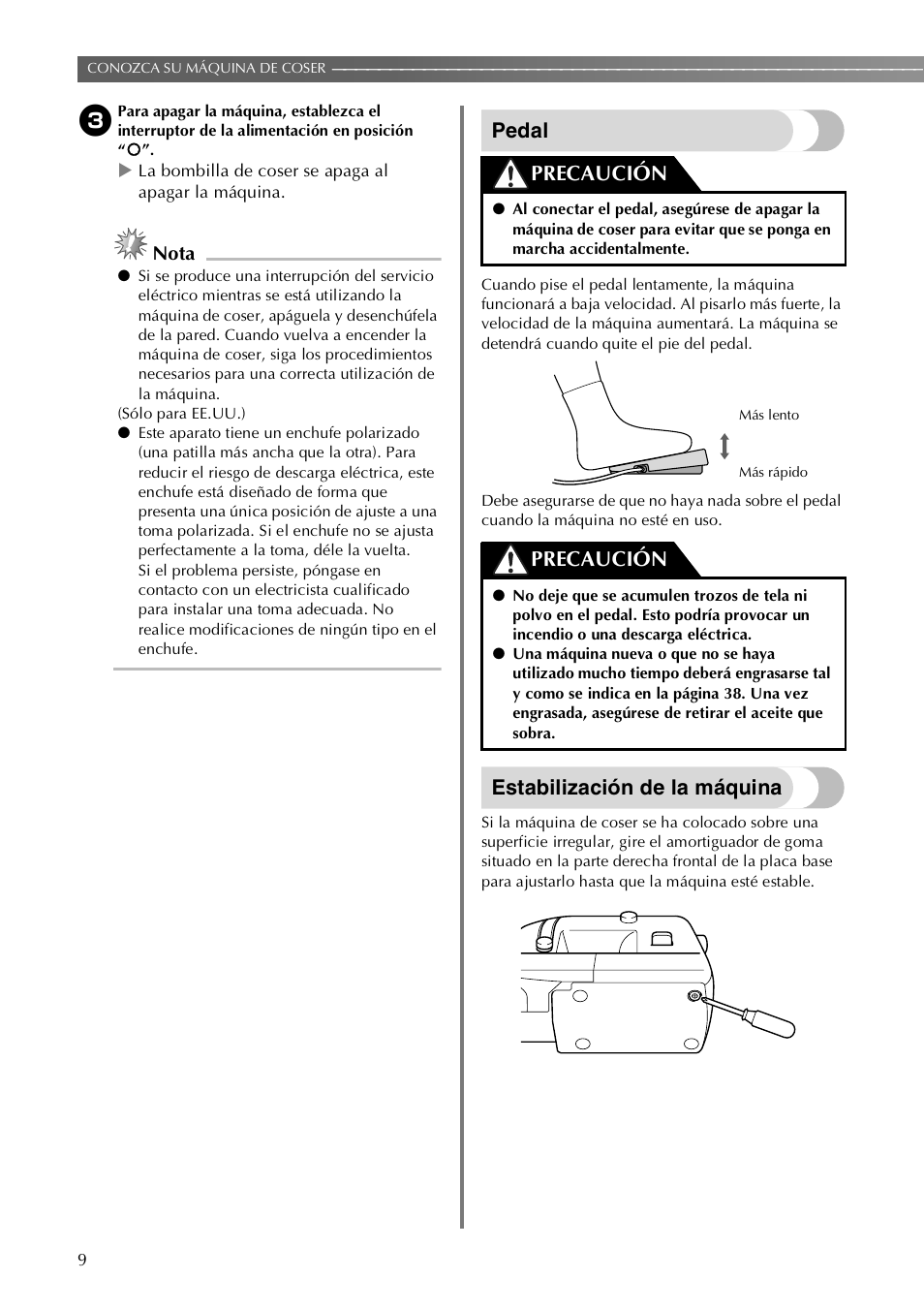 Pedal, Estabilización de la máquina, Precaución | Brother LX-3125 User Manual | Page 58 / 96