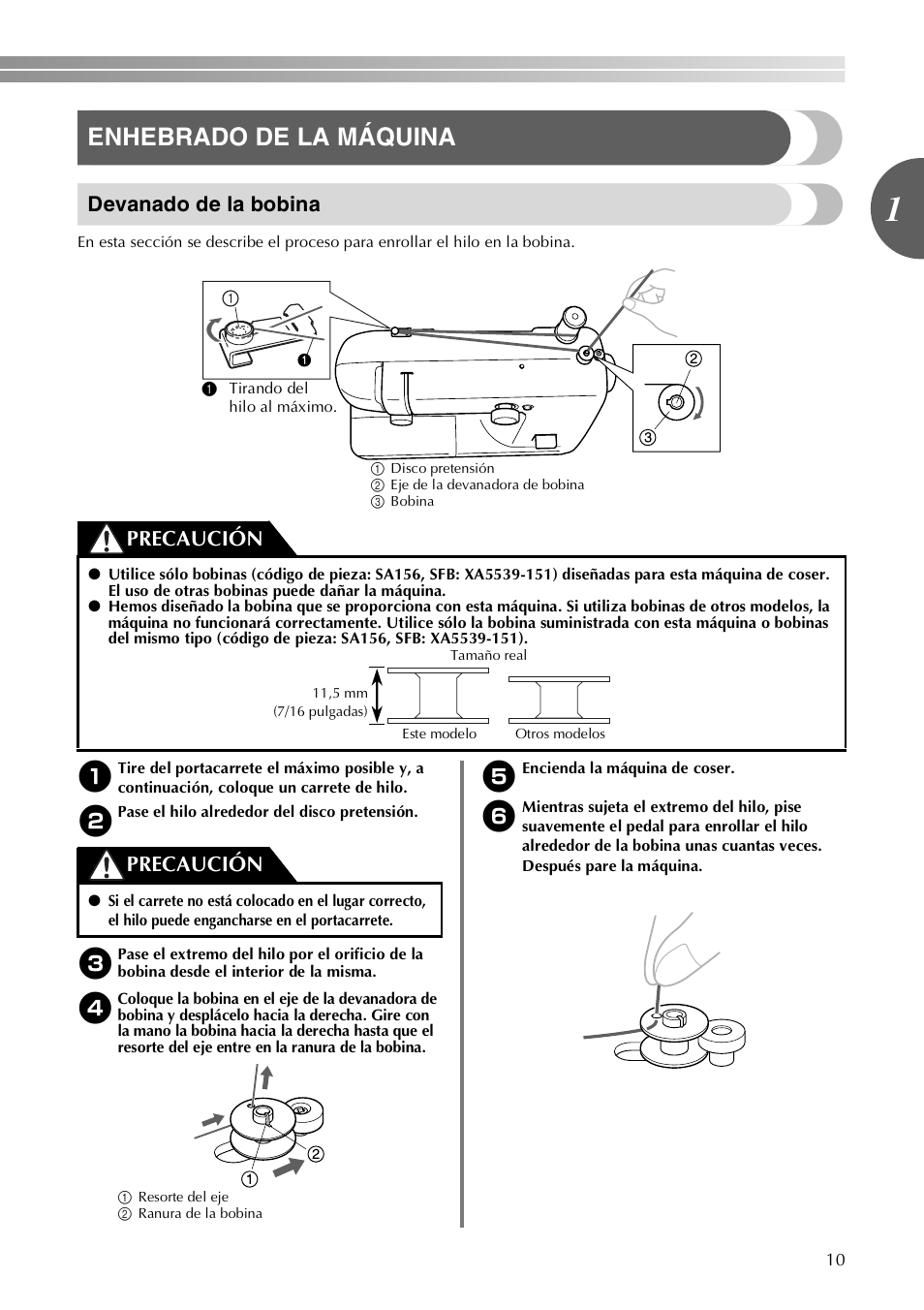 Enhebrado de la máquina, Devanado de la bobina, Precaución | Brother LX-3125 User Manual | Page 59 / 96