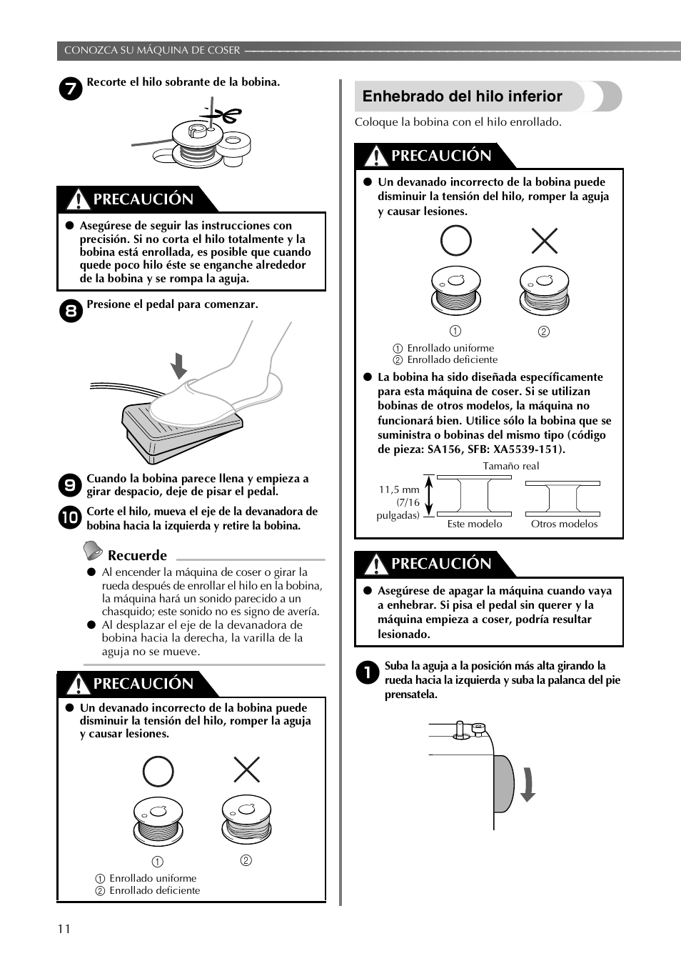 Enhebrado del hilo inferior, Precaución, Recuerde | Brother LX-3125 User Manual | Page 60 / 96