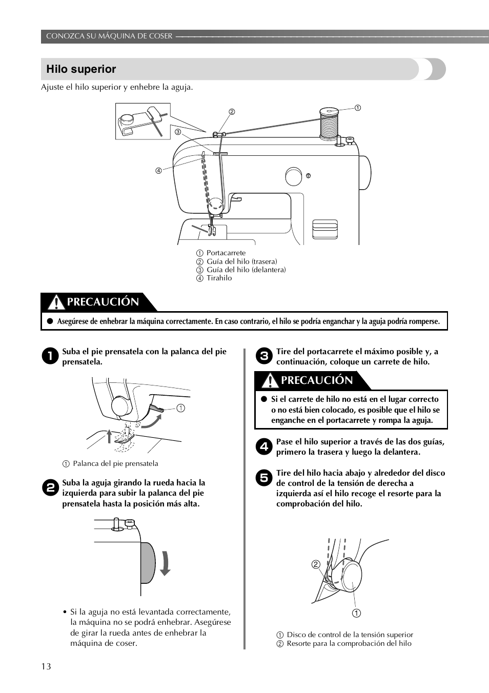 Hilo superior, Precaución | Brother LX-3125 User Manual | Page 62 / 96
