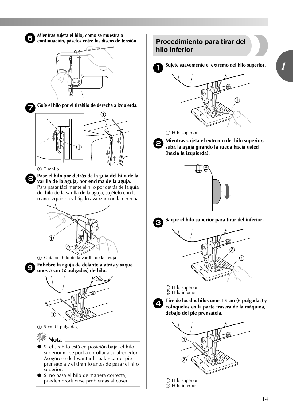 Procedimiento para tirar del hilo inferior, Nota | Brother LX-3125 User Manual | Page 63 / 96