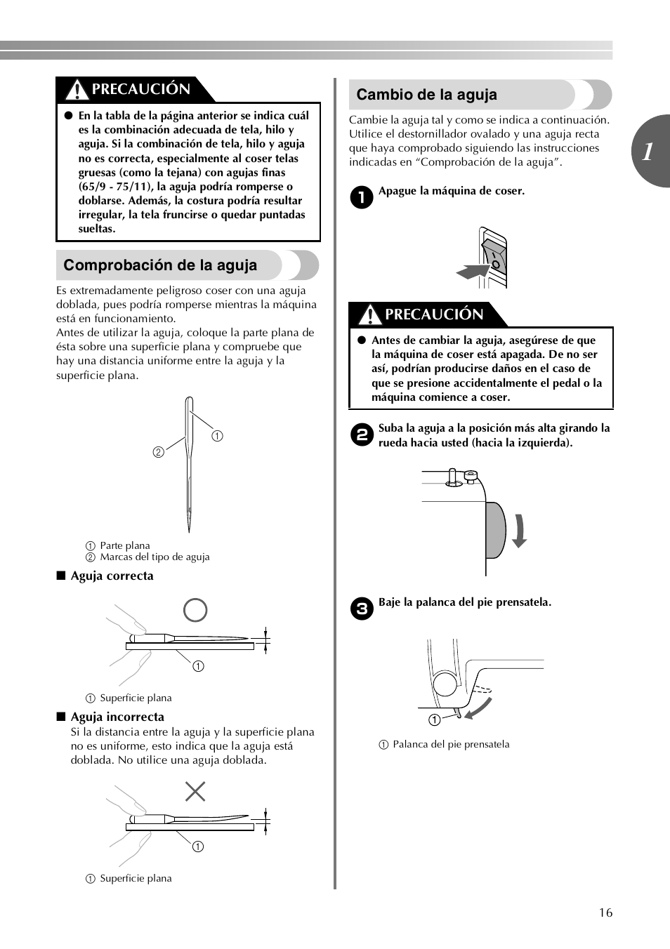 Comprobación de la aguja, Cambio de la aguja, Precaución | Brother LX-3125 User Manual | Page 65 / 96