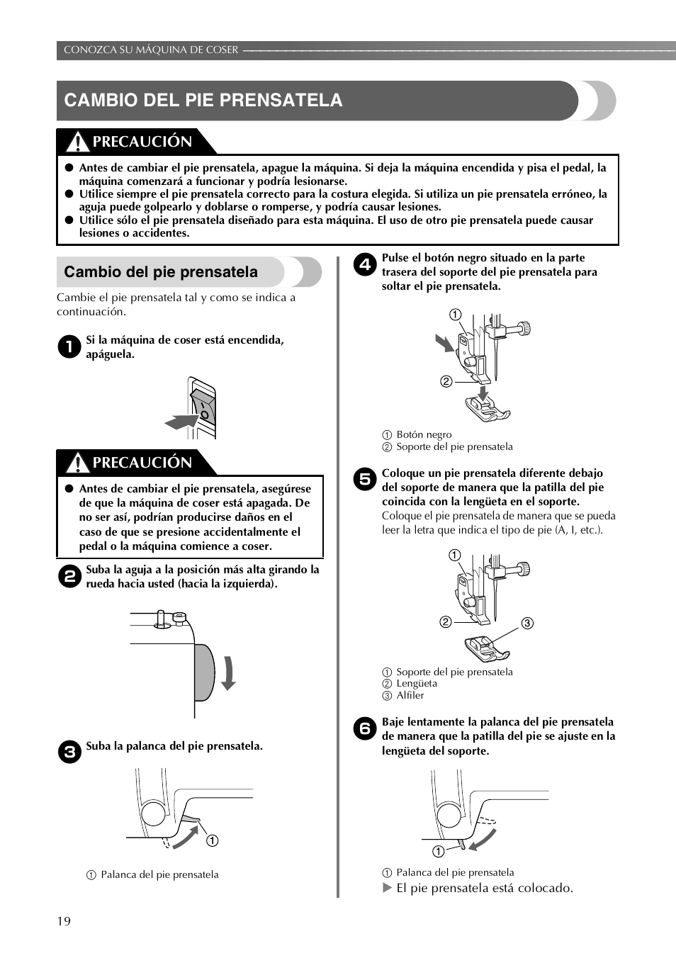 Cambio del pie prensatela, Precaución | Brother LX-3125 User Manual | Page 68 / 96