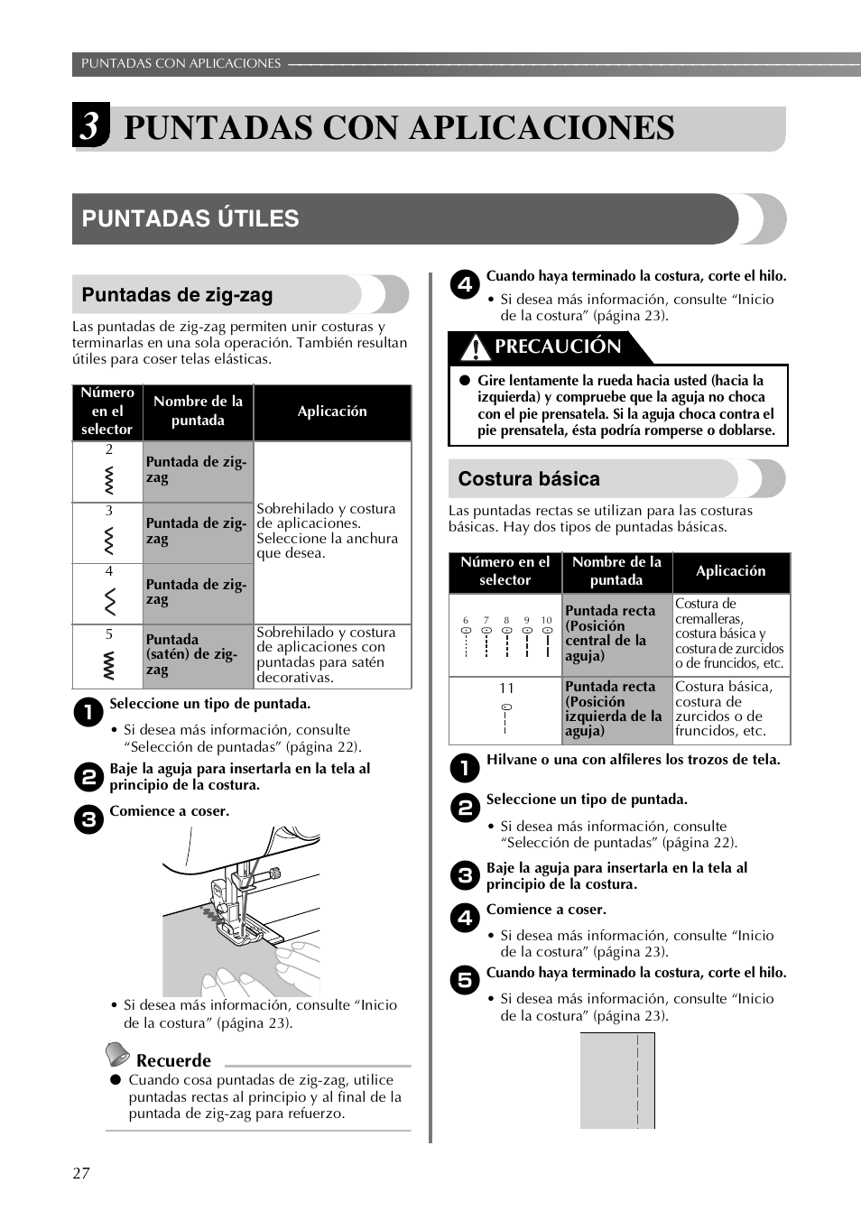 Puntadas con aplicaciones, Puntadas útiles, Puntadas de zig-zag | Costura básica, Precaución, Recuerde | Brother LX-3125 User Manual | Page 76 / 96