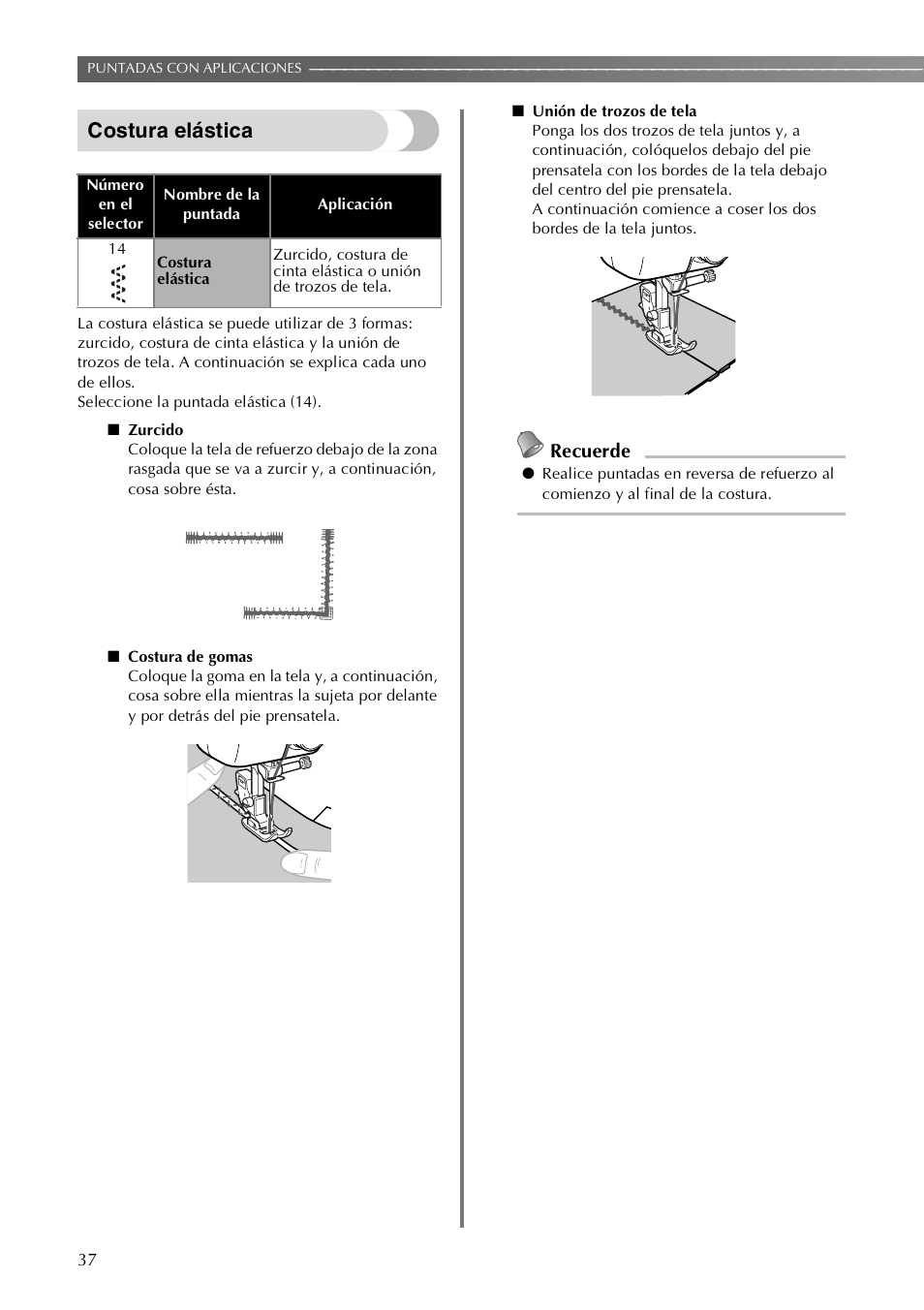 Costura elástica, Recuerde | Brother LX-3125 User Manual | Page 86 / 96