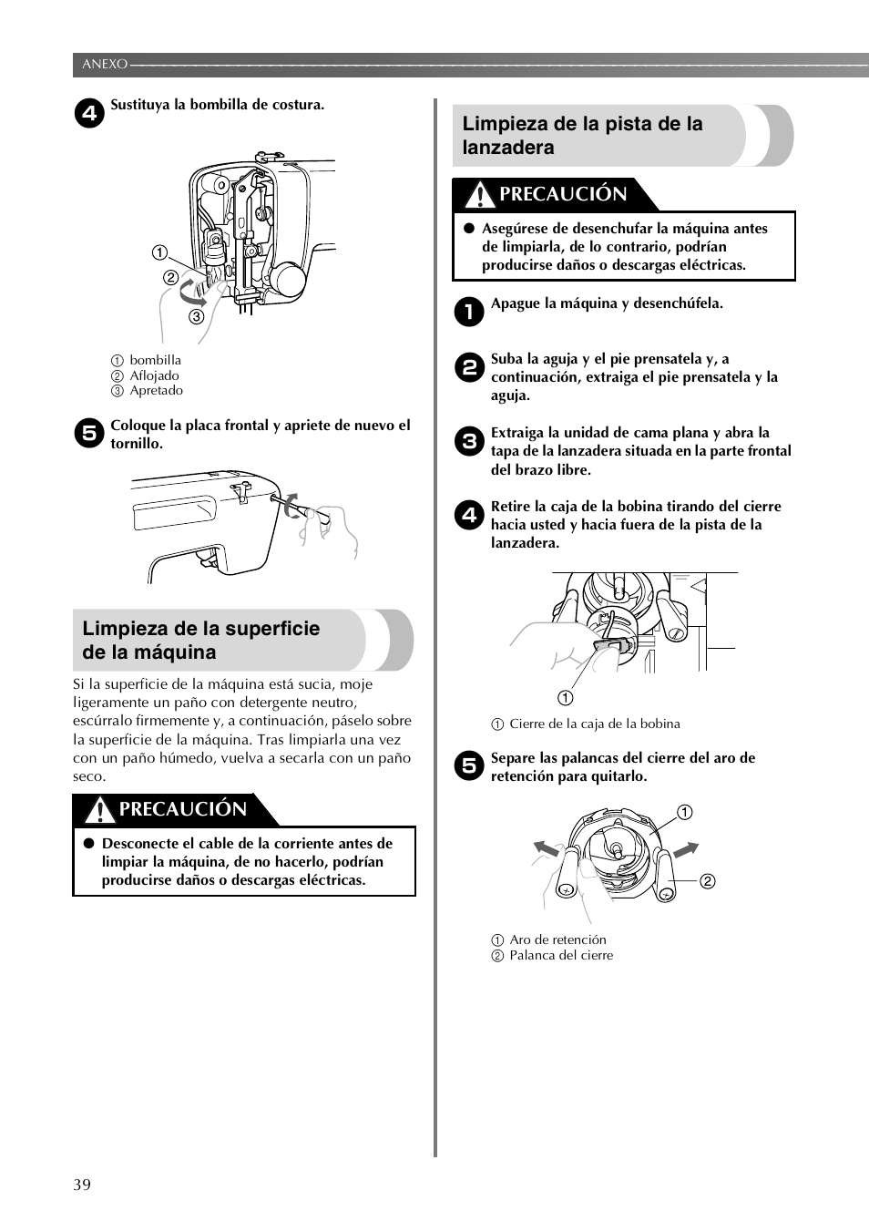 Limpieza de la superficie de la máquina, Limpieza de la pista de la lanzadera, Precaución | Brother LX-3125 User Manual | Page 88 / 96