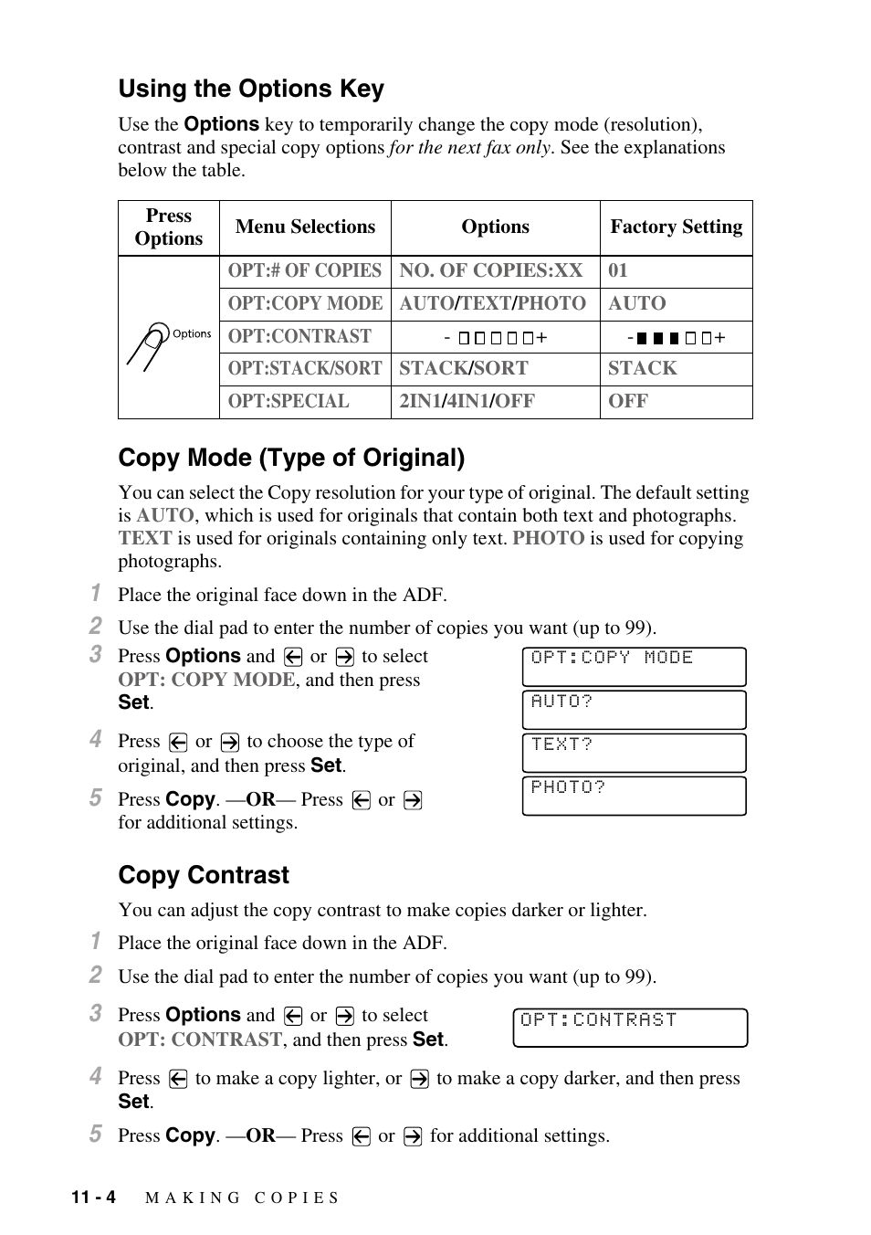 Using the options key, Copy mode (type of original), Copy contrast | Copy contrast -4 | Brother MFC-8500 User Manual | Page 100 / 234