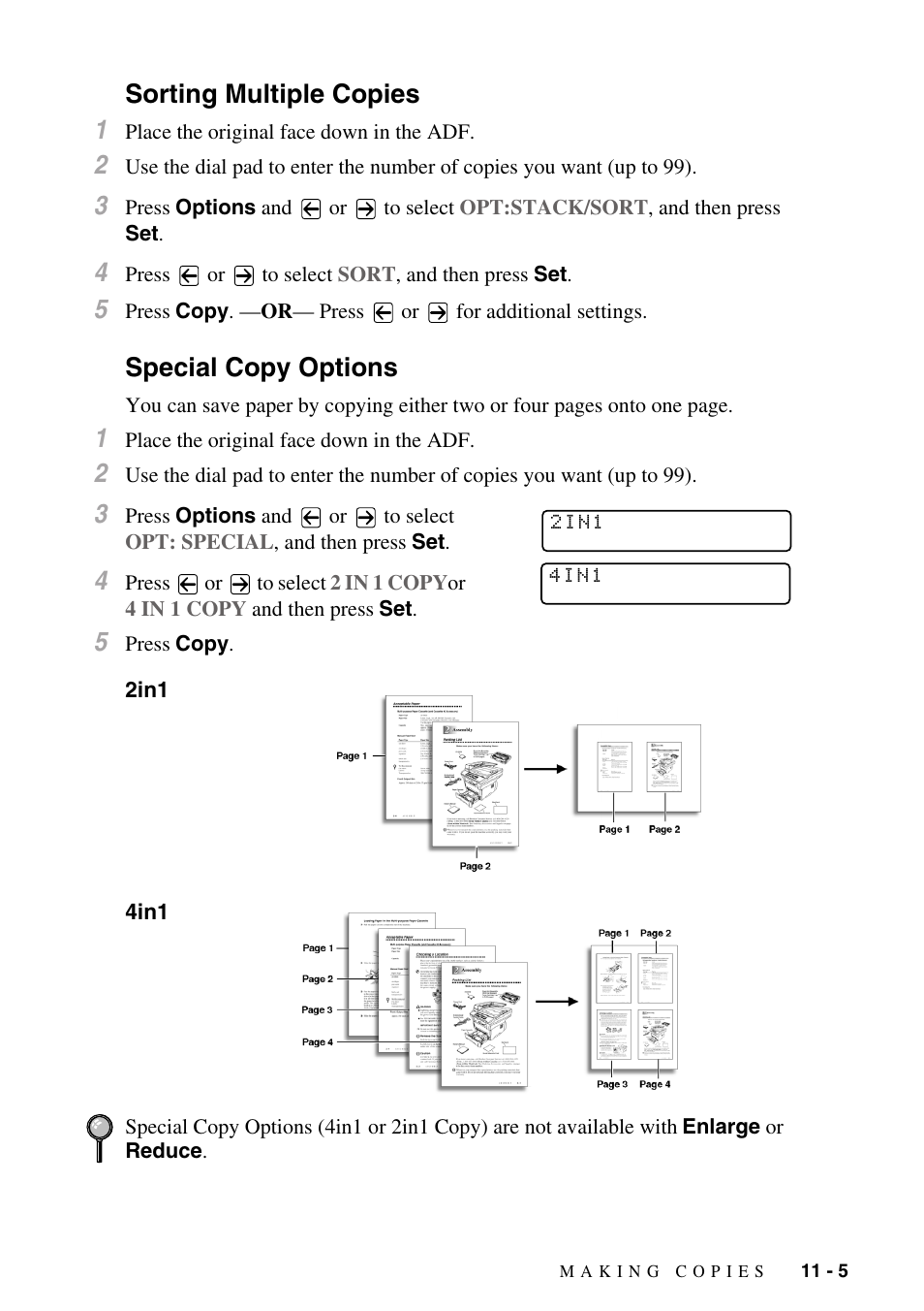 Sorting multiple copies, Special copy options, Sorting multiple copies -5 special copy options -5 | Sorting multiple copies 1 | Brother MFC-8500 User Manual | Page 101 / 234