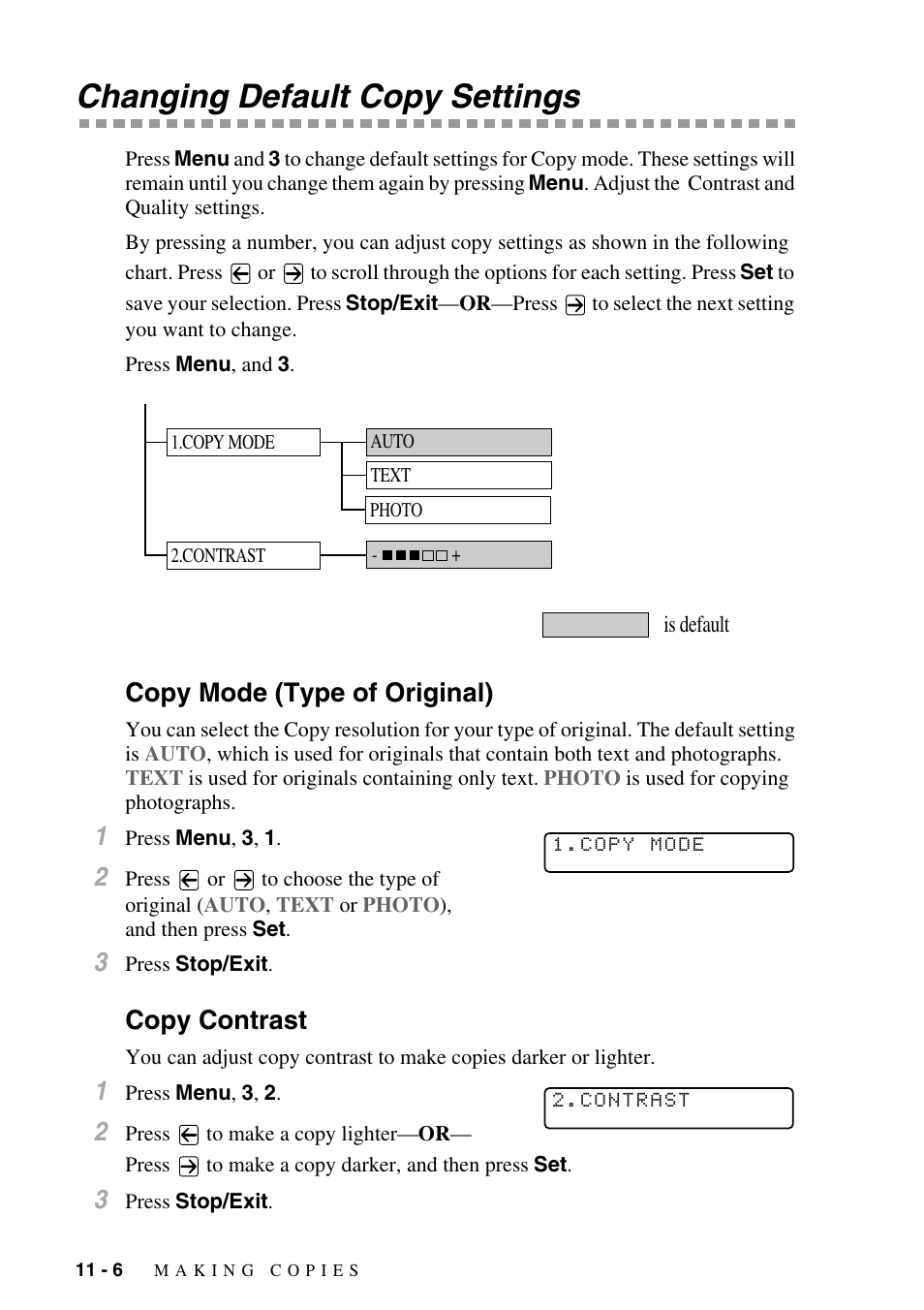 Changing default copy settings, Copy mode (type of original), Copy contrast | Changing default copy settings -6, Copy mode (type of original) -6 copy contrast -6 | Brother MFC-8500 User Manual | Page 102 / 234