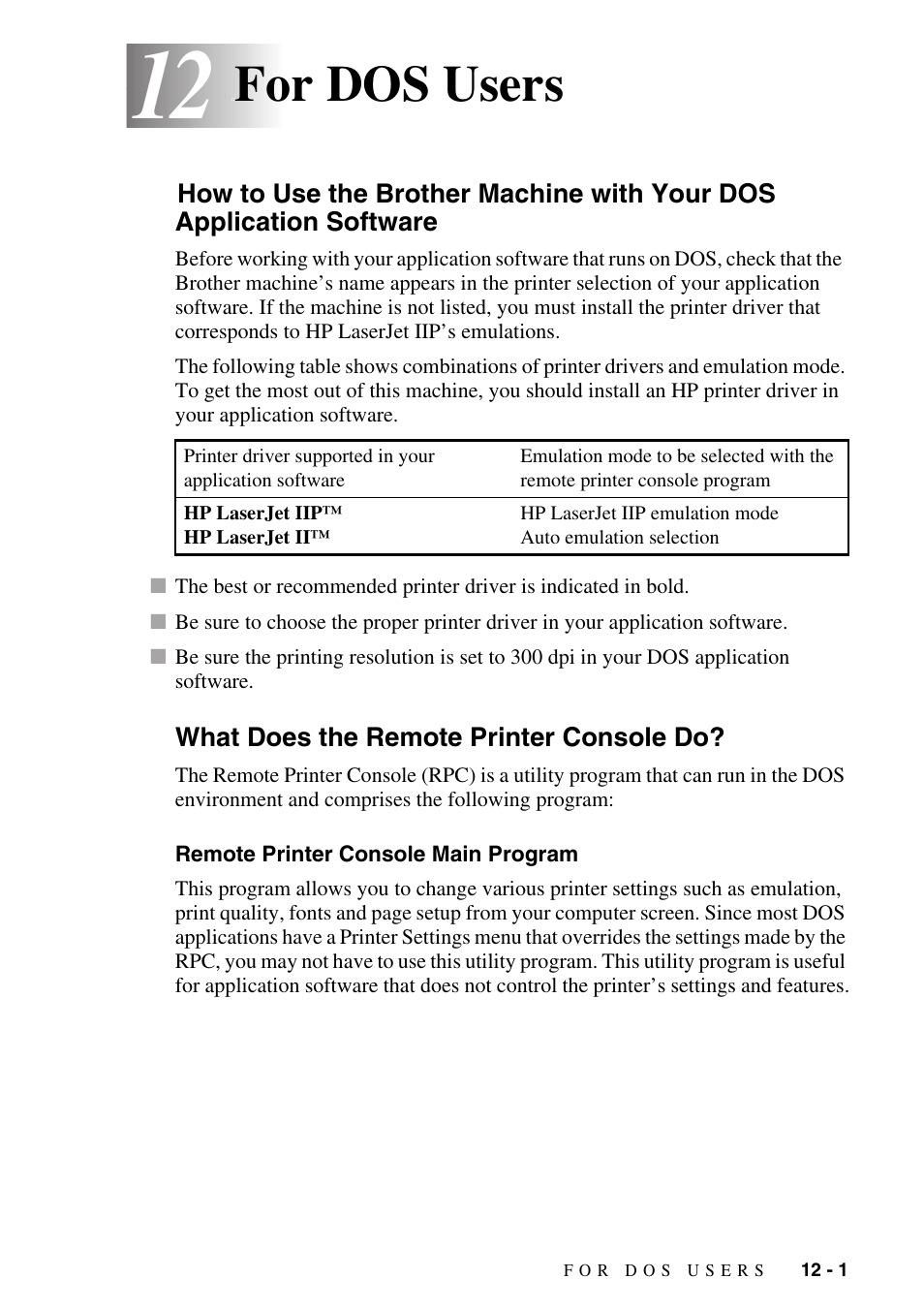 12 for dos users, What does the remote printer console do, Remote printer console main program | For dos users -1, How to use the brother machine with your dos, Application software -1, What does the remote printer console do? -1, Remote printer console main program -1, For dos users | Brother MFC-8500 User Manual | Page 103 / 234