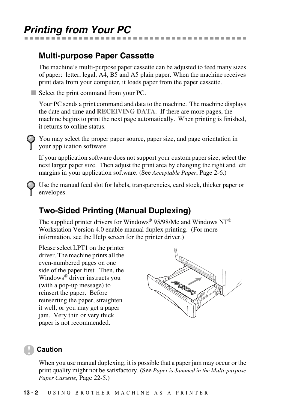Printing from your pc, Multi-purpose paper cassette, Two-sided printing (manual duplexing) | Printing from your pc -2 | Brother MFC-8500 User Manual | Page 110 / 234