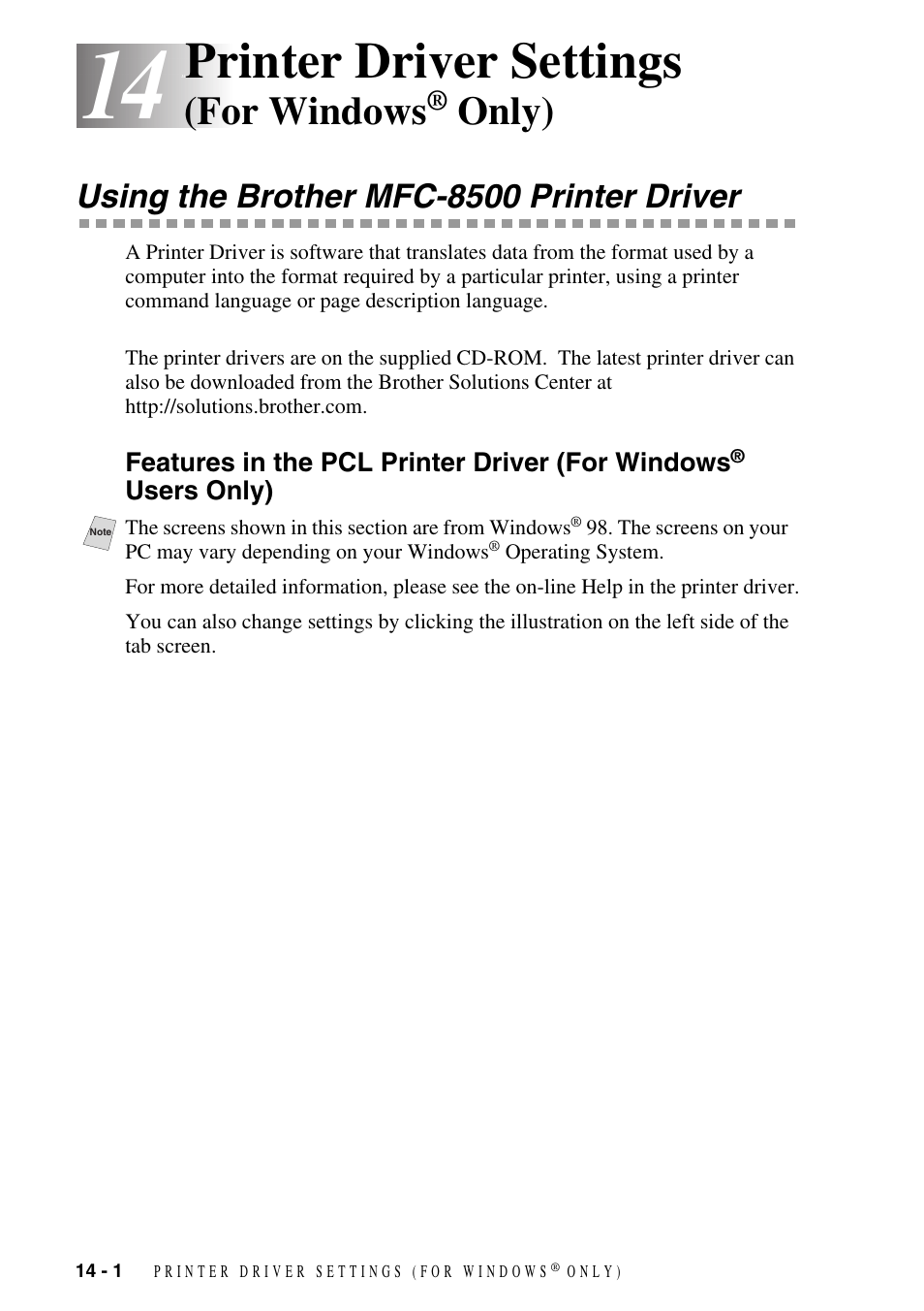 14 printer driver settings (for windows® only), Using the brother mfc-8500 printer driver, Printer driver settings (for windows | Only) -1, Using the brother mfc-8500 printer driver -1, Features in the pcl printer driver, For windows, Users only) -1, Printer driver settings, Only) | Brother MFC-8500 User Manual | Page 116 / 234