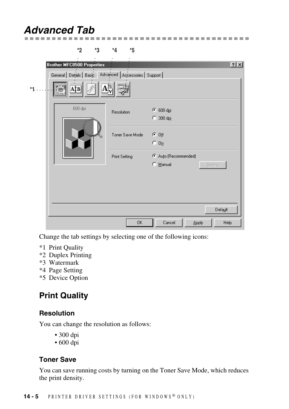 Advanced tab, Print quality, Resolution | Toner save, Advanced tab -5, Print quality -5, Resolution -5 toner save -5 | Brother MFC-8500 User Manual | Page 120 / 234