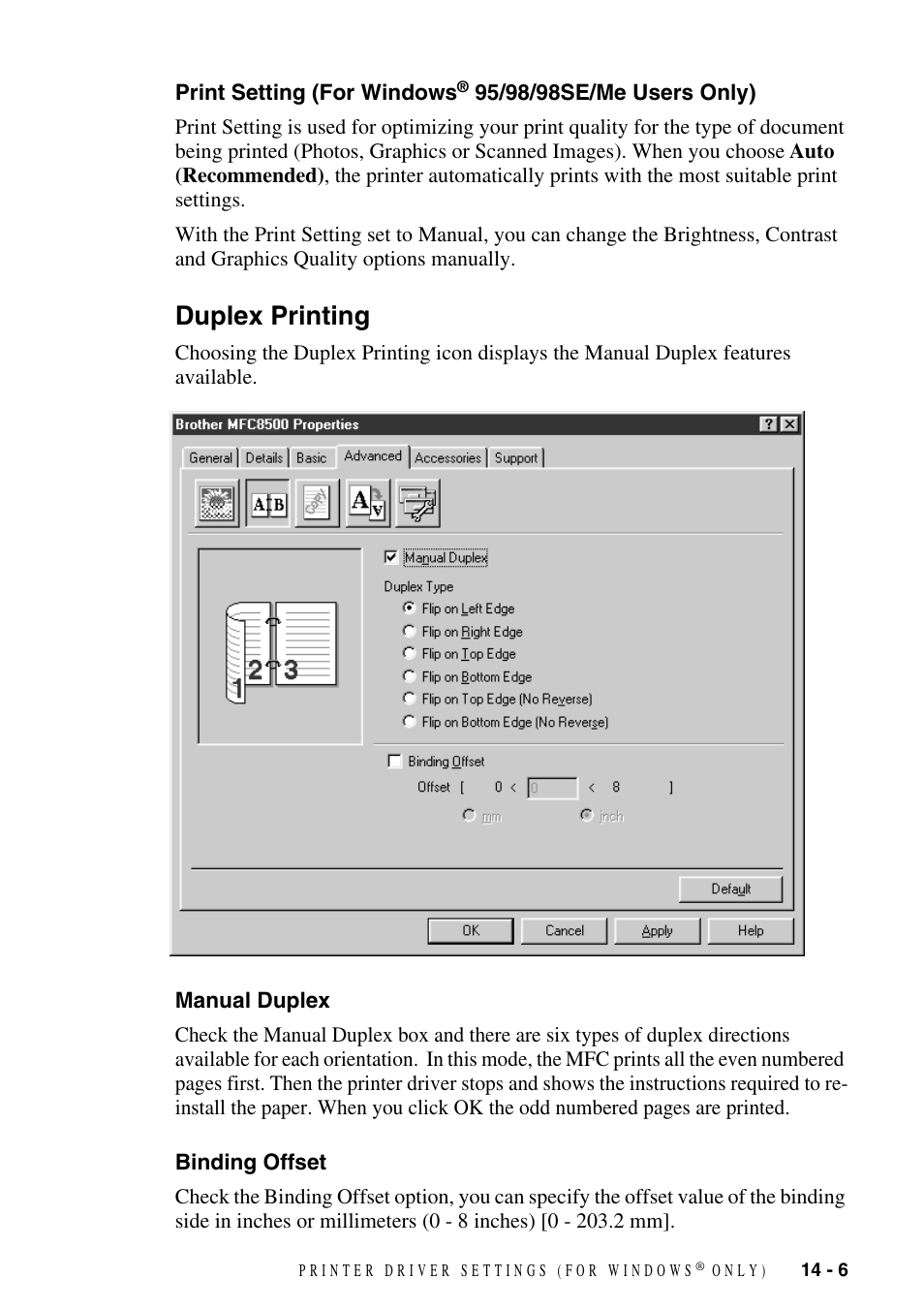 Duplex printing, Manual duplex, Binding offset | Print setting, For windows, 95/98/98se/me users only) -6, Duplex printing -6, Manual duplex -6 binding offset -6 | Brother MFC-8500 User Manual | Page 121 / 234